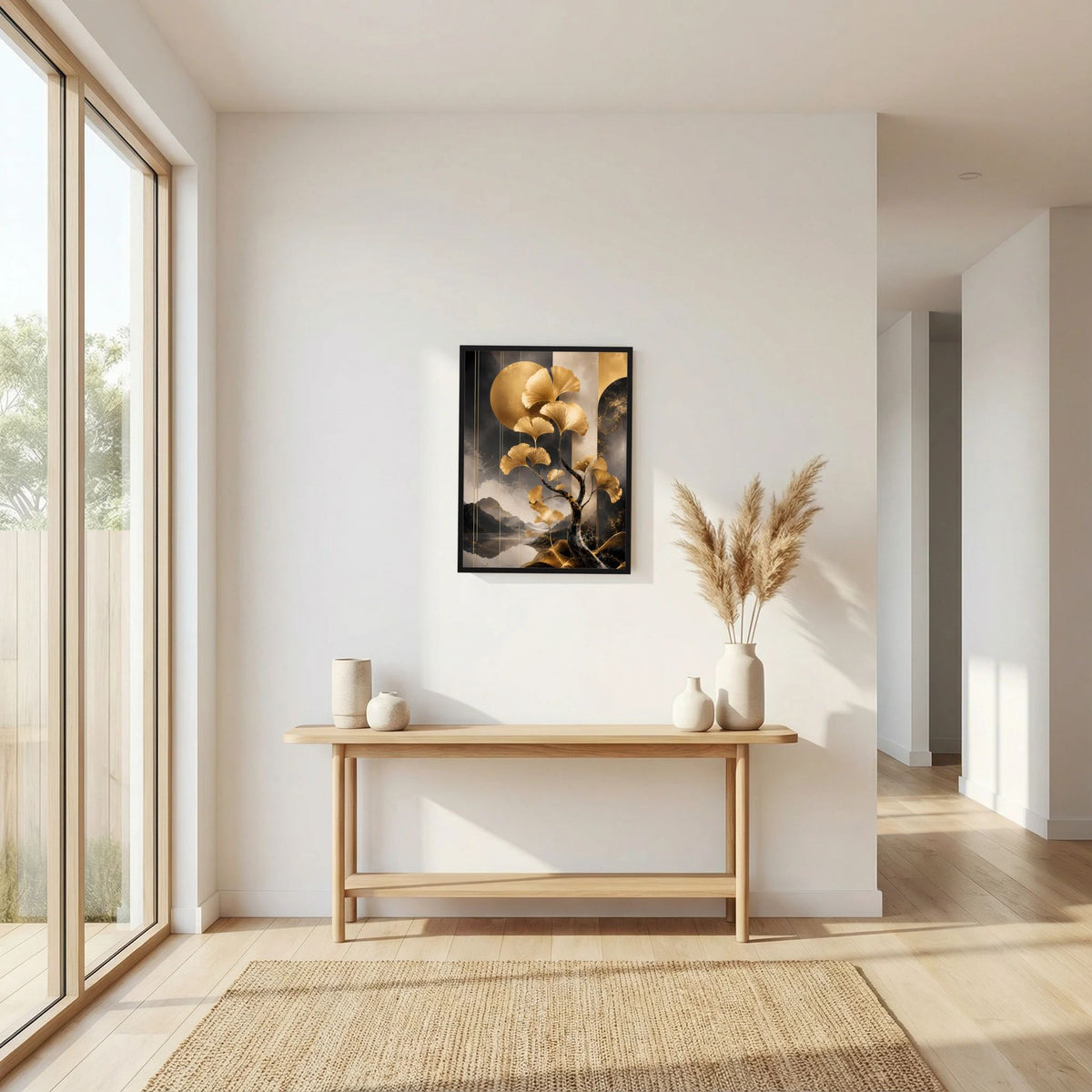 Vertikales Poster mit goldenen Blättern am Ginkgobaum über Bergsee, schwarzer Rahmen