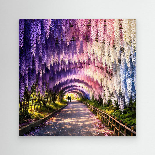 Leinwandbild: lila Blütenregen-Tunnel über Weg, Blick in die Ferne, ohne sichtbaren Rahmen