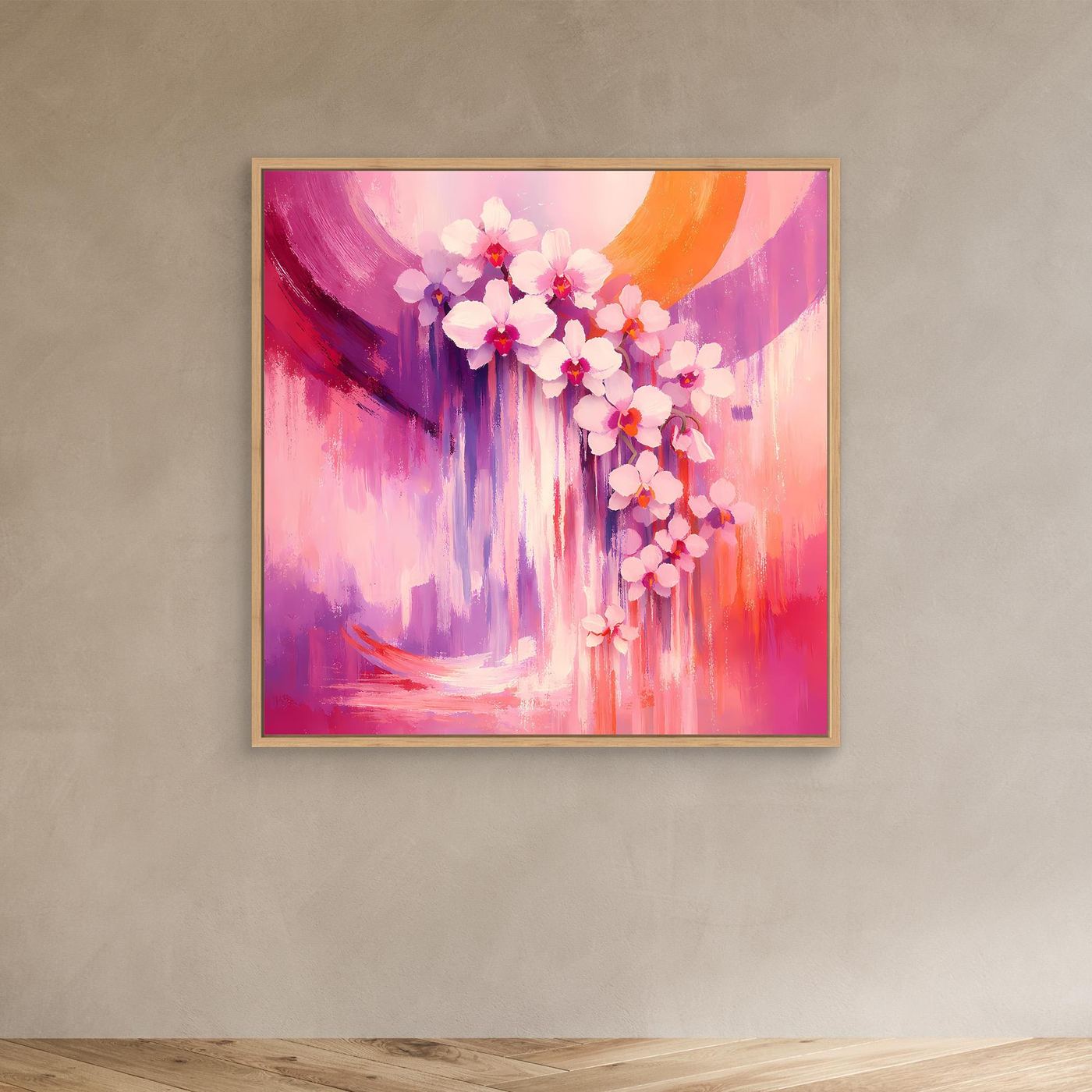 Leinwandbild mit abstrakten Orchideenblüten, pink-violetter Farbmischung mit hellem Rahmen