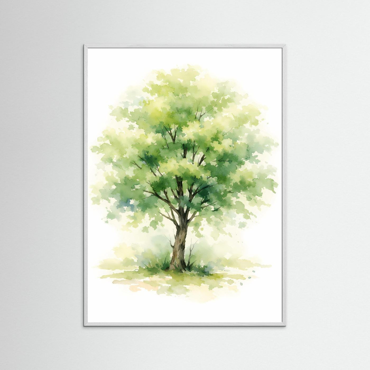Aquarell-Baum-Poster im Hochformat mit weißem Rahmen und grüner Baumkrone