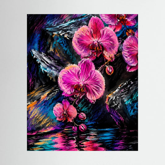 Abstraktes Blumenposter mit pinken Orchideen, blau-türkisem Farbwirbel und Spiegelung