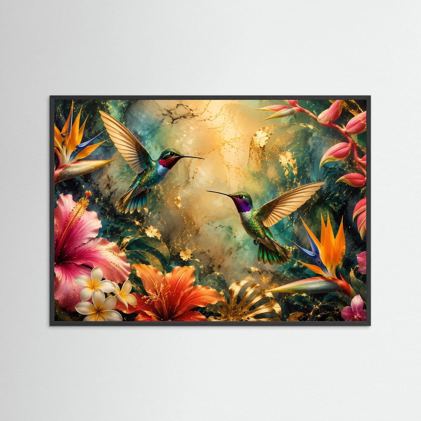 Kolibri Poster | Tropische Blumen Wandbild | Exotische Kolibris mit Hibiskus | Luxuriöse Botanische Wandkunst | Premium Wall Art