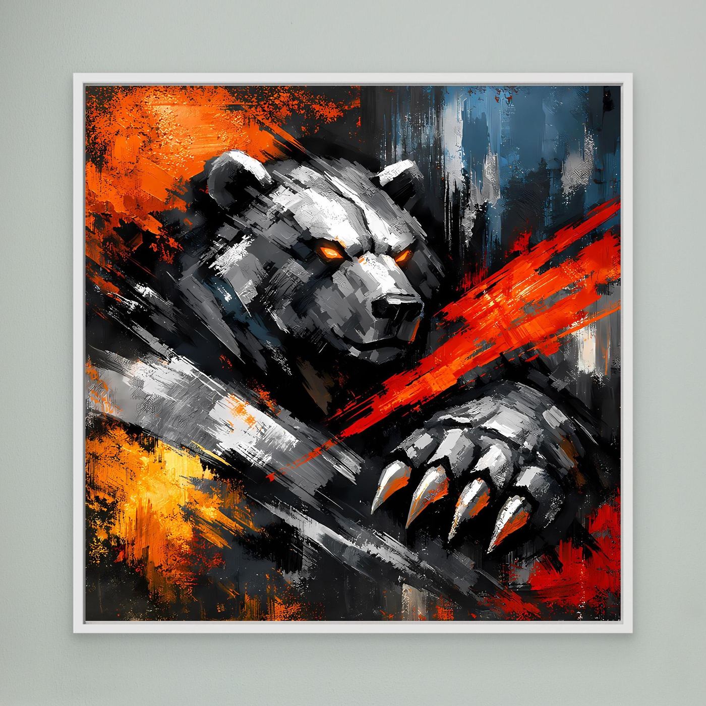 Gerahmtes Leinwand-Wandbild mit abstraktem Kampfbär und Krallen in Orange, Blau und Grau
