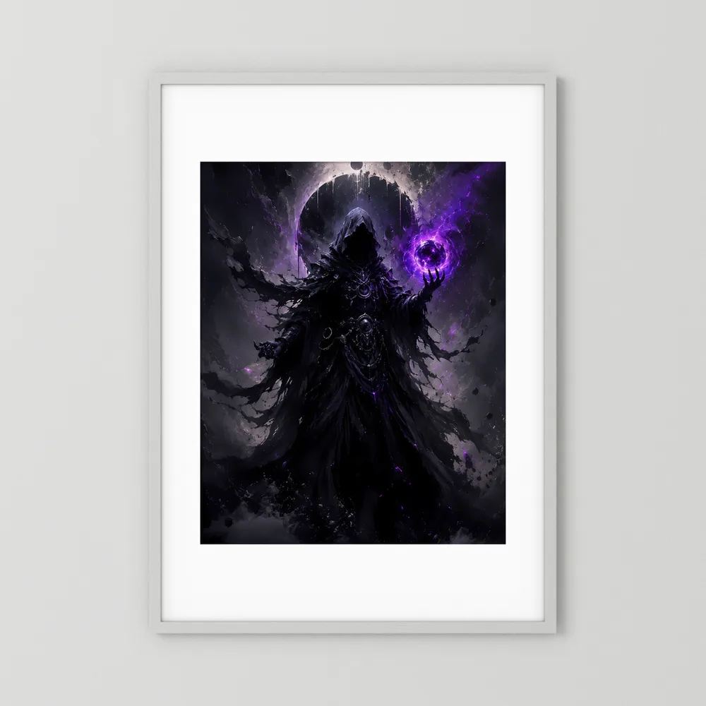 Fantasy-Poster im weißen Passepartout mit Rahmen: dunkler Magier, violette Energie