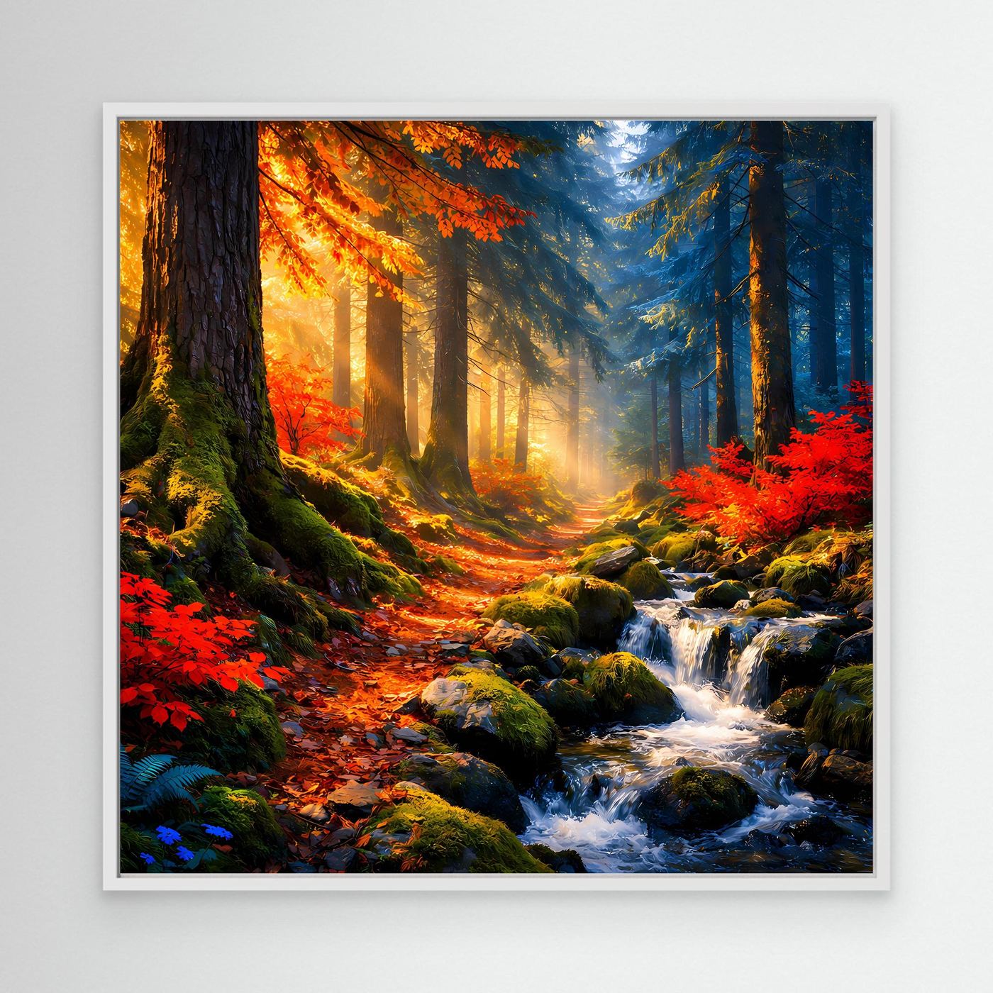 Wandbild Leinwand mit weißem Rahmen: Herbstwald mit Sonnenstrahlen und Bach über Felsen
