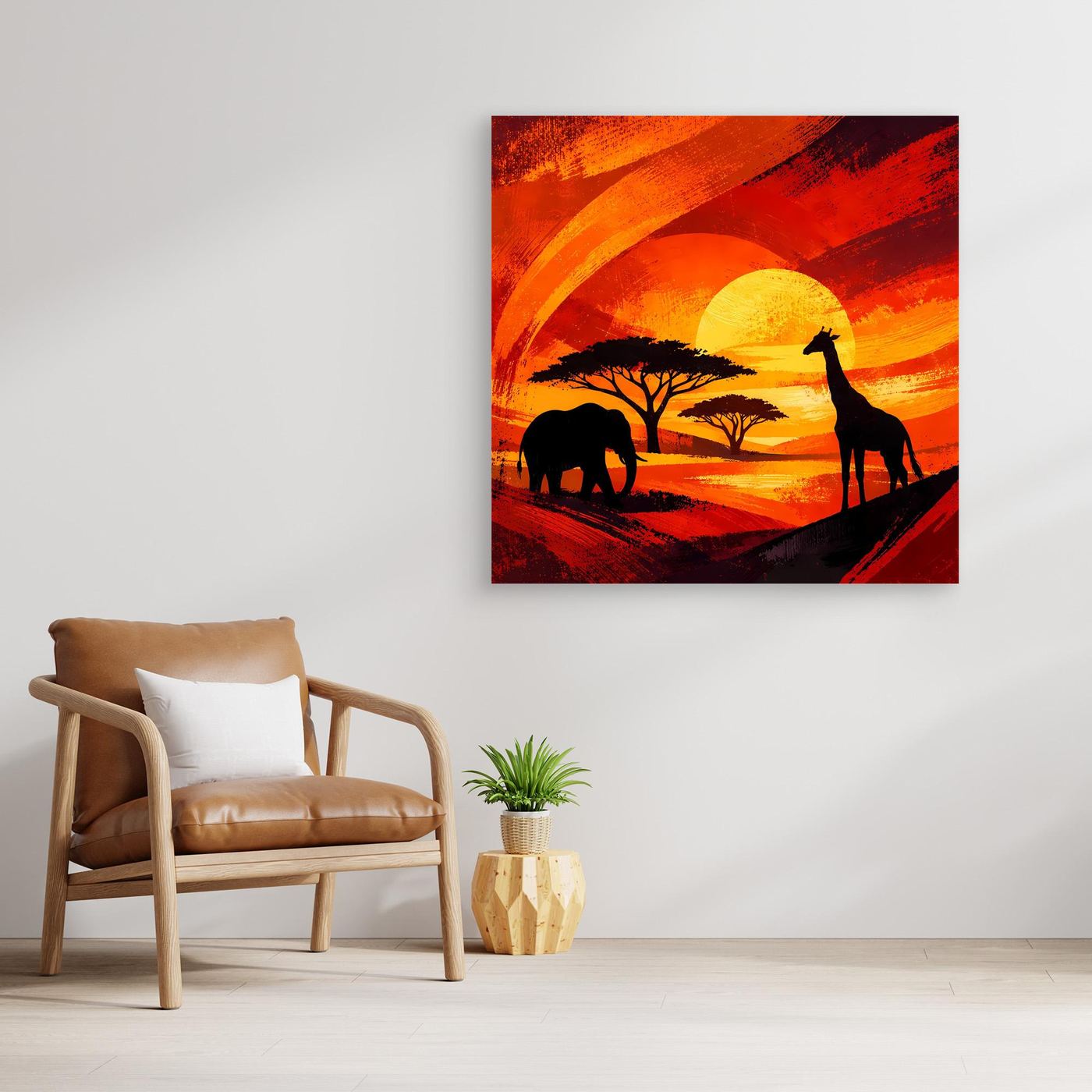 Leinwandbild mit Elefant- und Giraffensilhouetten vor gelb-orangenem Sonnenuntergang