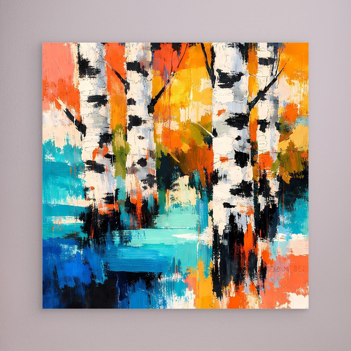 Abstract birch forest canvas wall art with colorful vertical brushstrokes, unframed