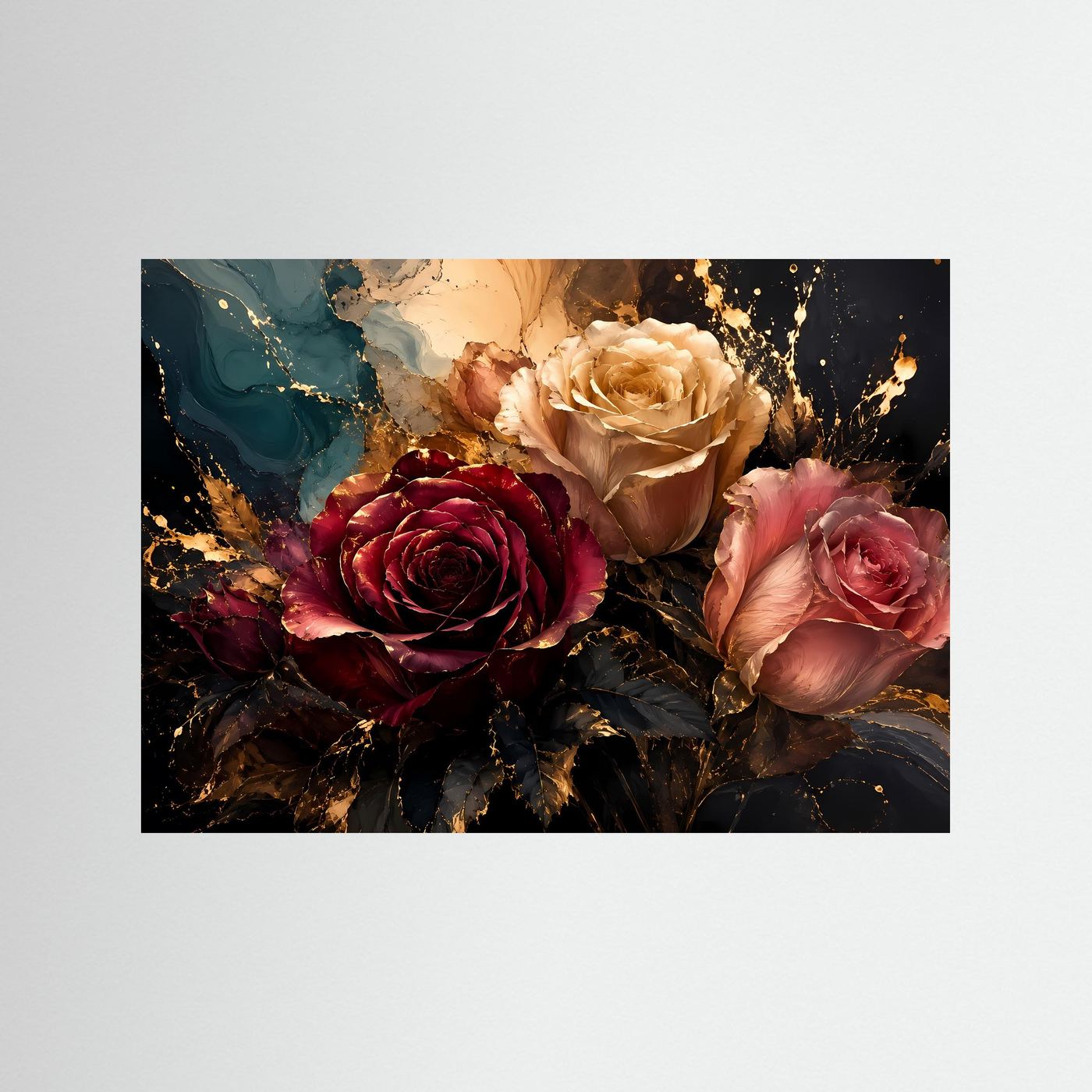 Elegante Rosen mit Goldakzenten | Modernes Blumen & Natur Poster im Querformat