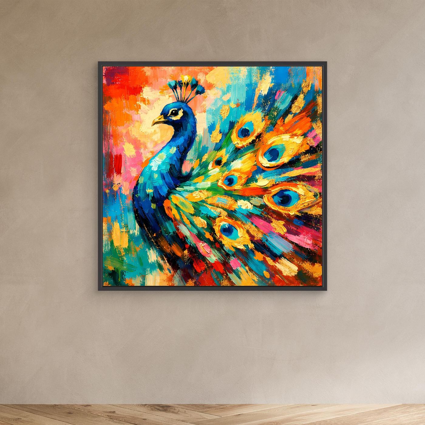 Leinwandbild mit abstraktem Pfau, bunte Farben, schwarzer Rahmen