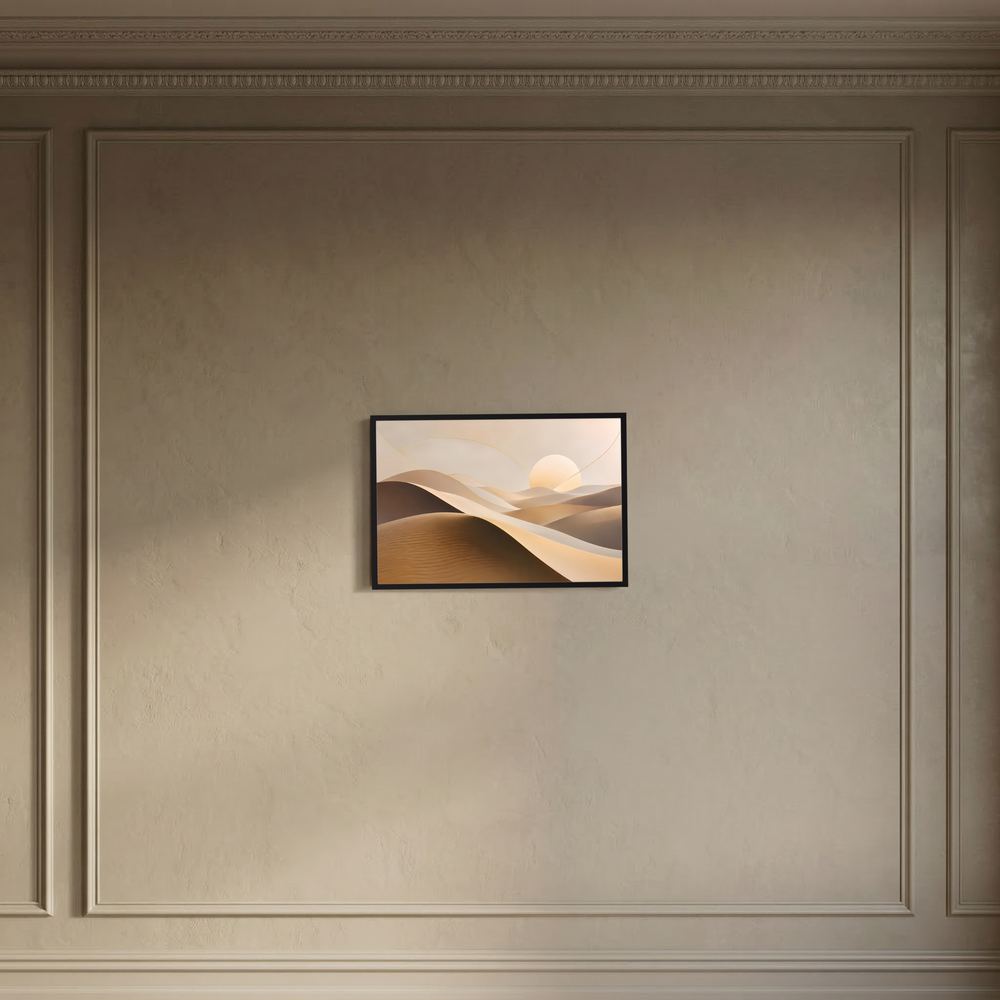 Wüstenlandschaft-Poster im Querformat, Sanddünen in Beige und Braun, schwarz-brauner Rahmen