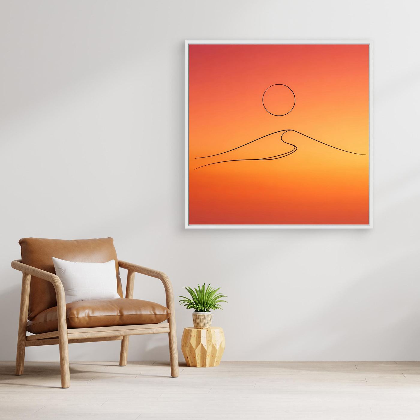 Leinwandbild mit minimalistischer Wüstendüne, Kreis und Linie im Orangeverlauf, weißer Rahmen