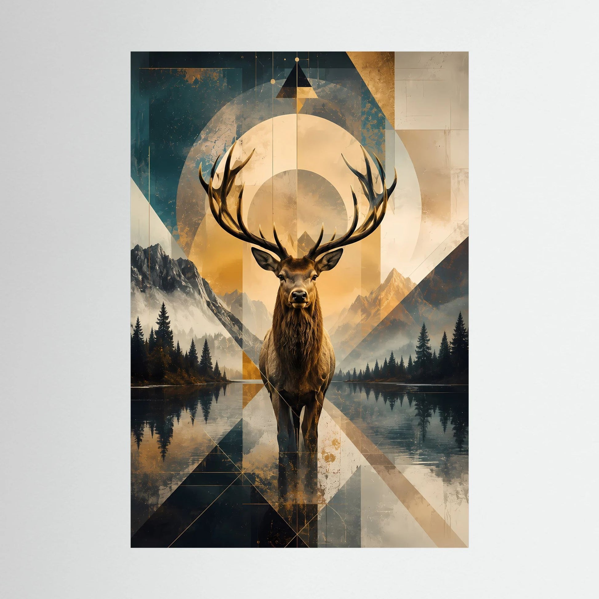 Hochformat-Poster mit goldenem Hirschkopf und geometrischer Berglandschaft