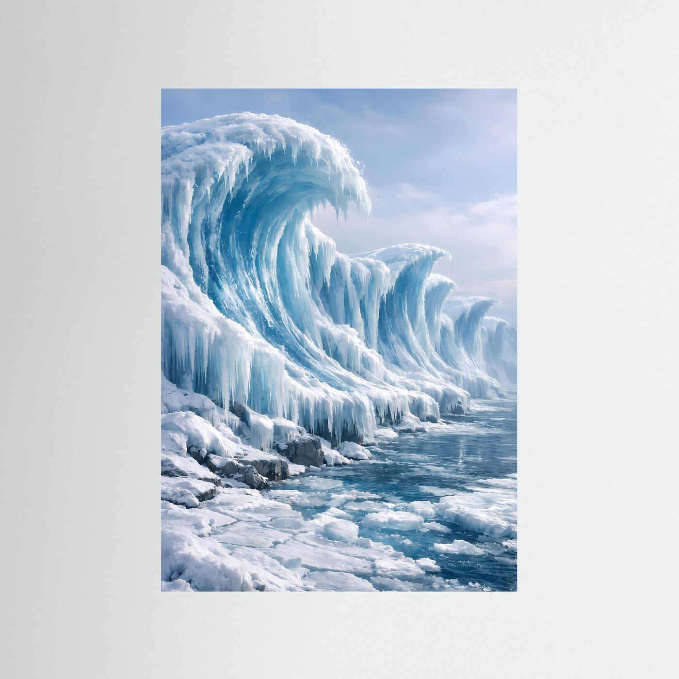 Hochformatiges Eislandschafts-Poster mit türkisblauen Gletscherschlieren auf Schnee