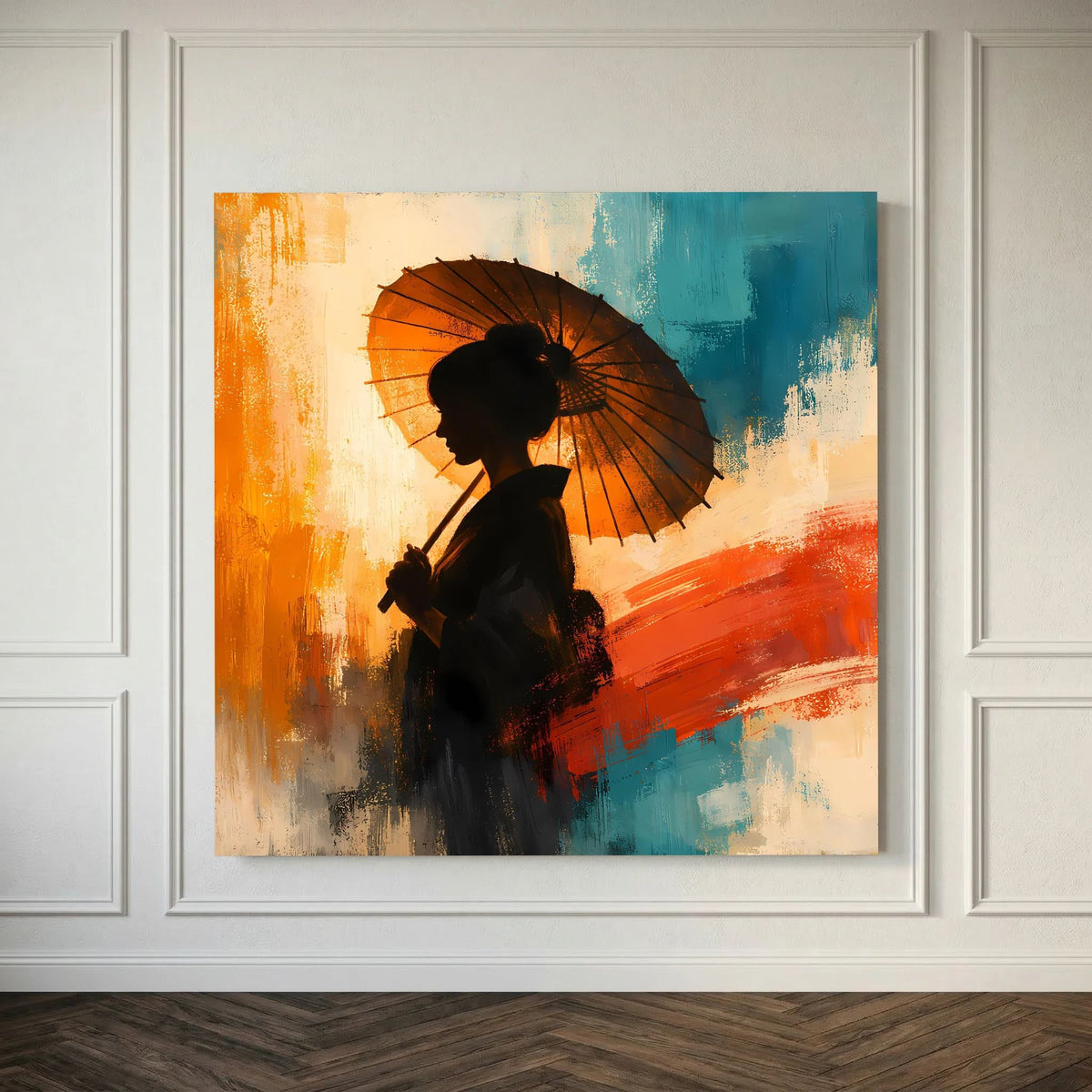 Keilrahmen-Leinwand: Frauensilhouette mit schwarzem Sonnenschirm, orange-blaue Farbflächen