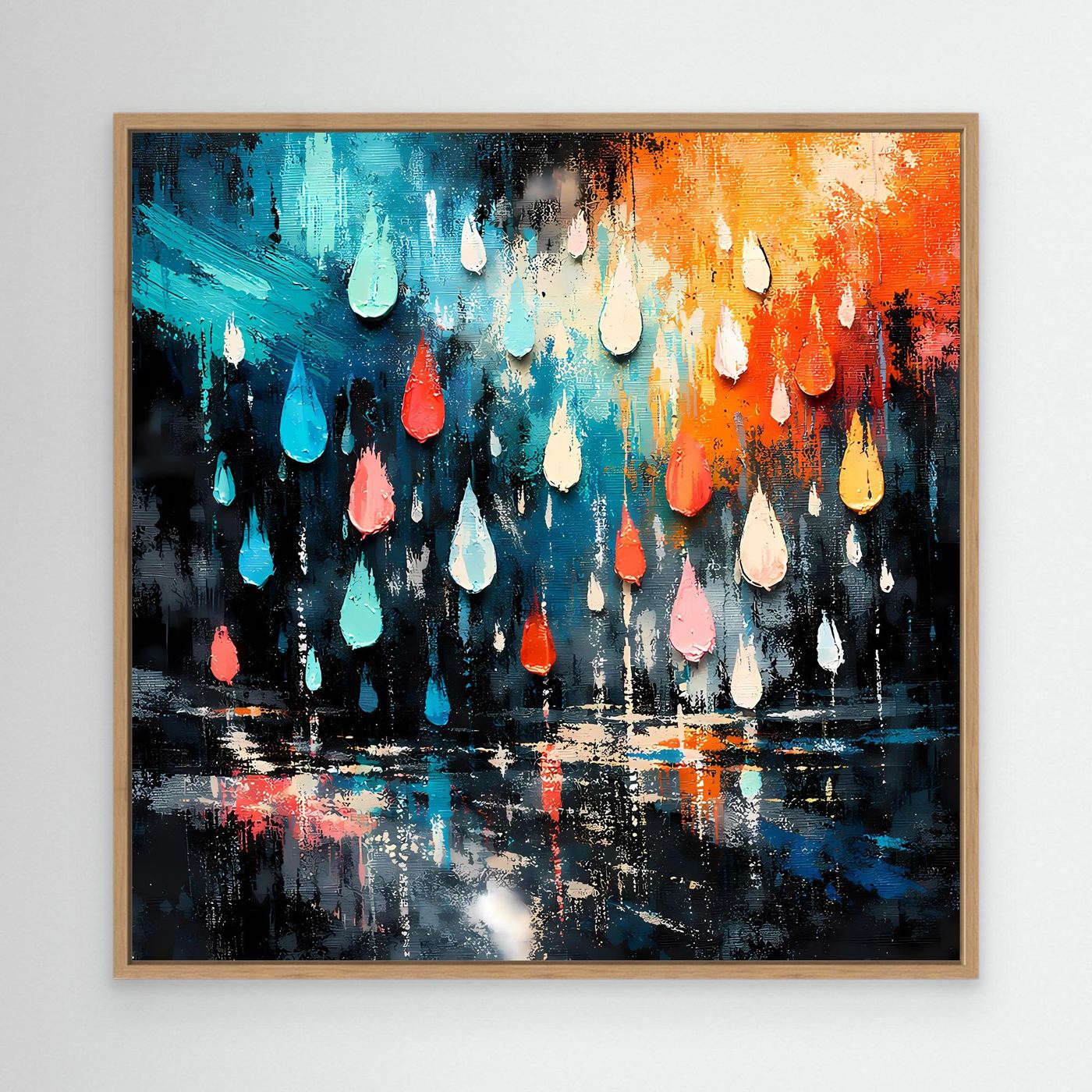 Abstraktes Wandbild mit Tropfen, türkis/orange/rosa; Holzrahmen, rechteckig.