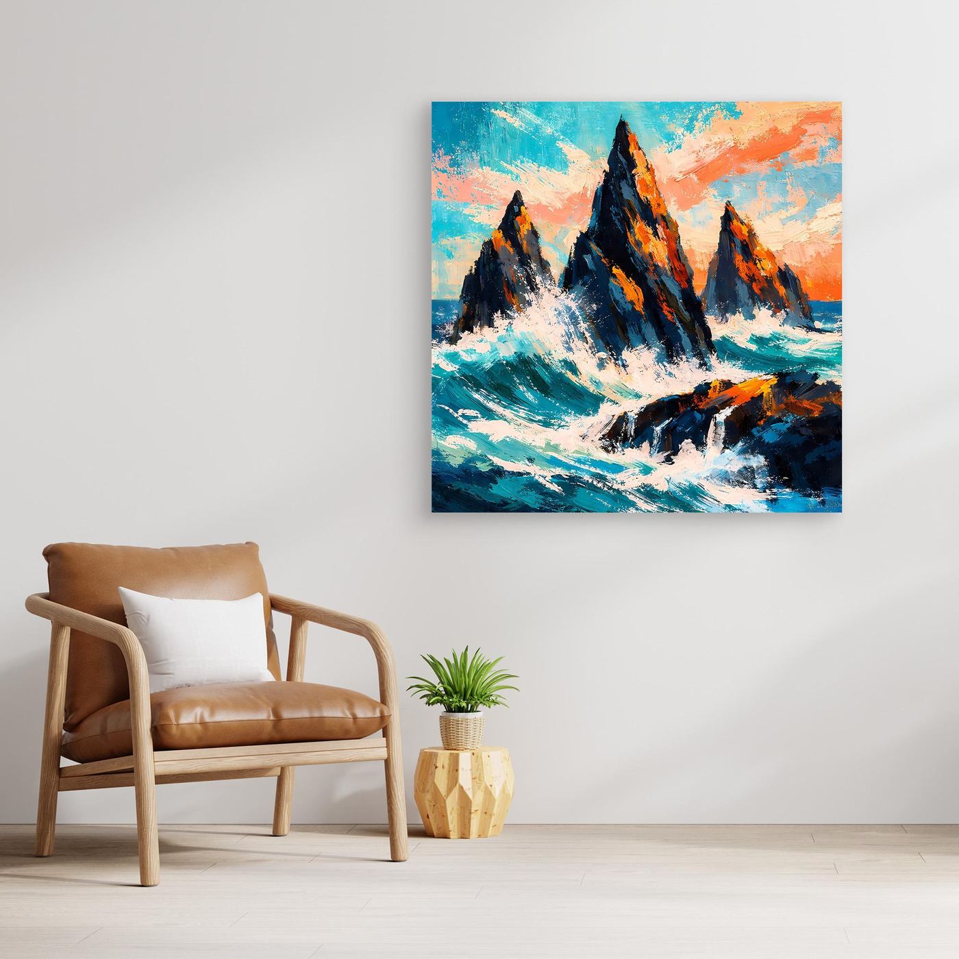 Leinwand-Wandbild: abstrakte Klippen im Meer, türkisblau, dunkelblau und orange