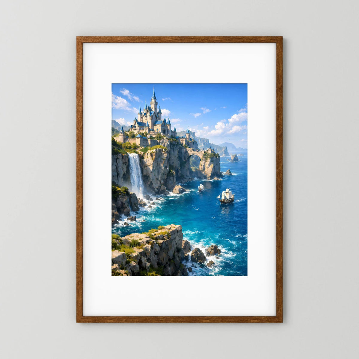 Gerahmtes Hochformat-Poster mit Fantasy-Schloss an Küstenfelsen, Wasserfällen und Meer, brauner Rahmen