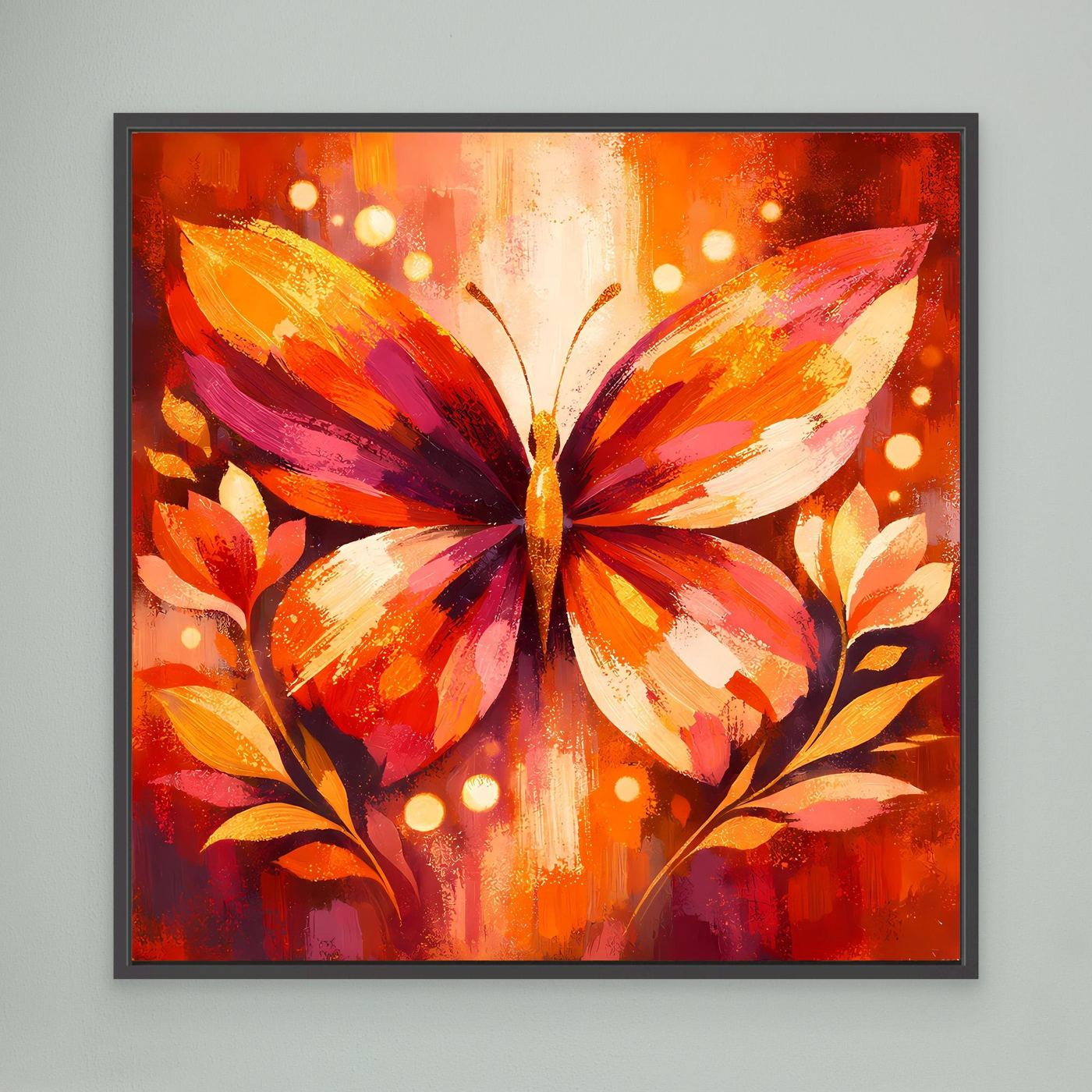 Gerahmtes Leinwandbild mit farbenfrohem Schmetterling, orangefarbenem Hintergrund, schwarzer Rahmen