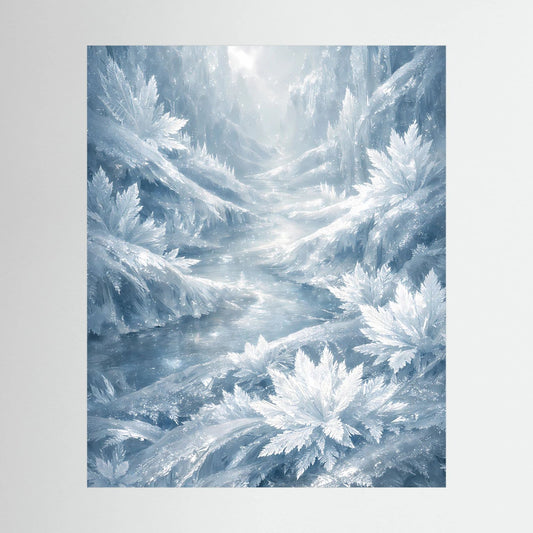 Hochformat-Poster mit gefrorenem Bach und Eiskristallen, winterliche Blautöne