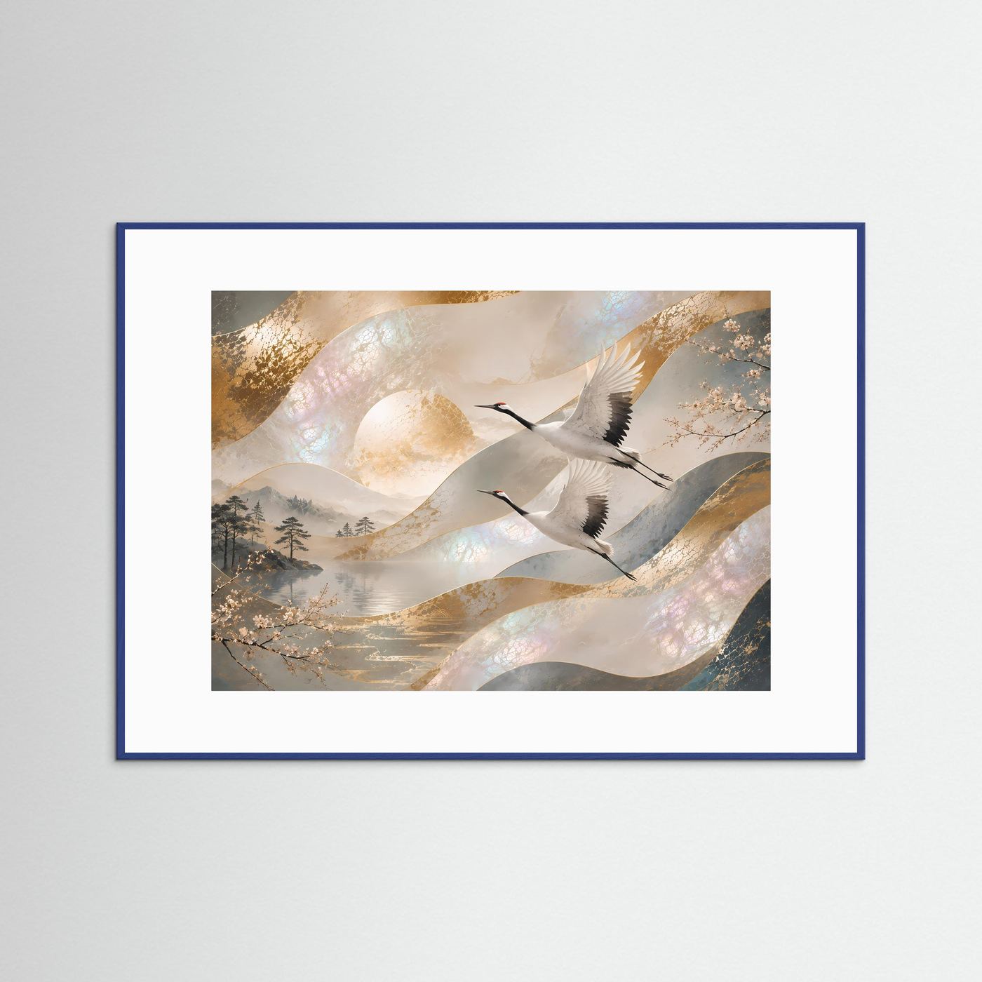 Japanische Kraniche im Flug | Elegante Perlmutt-Kunst in Gold & Creme