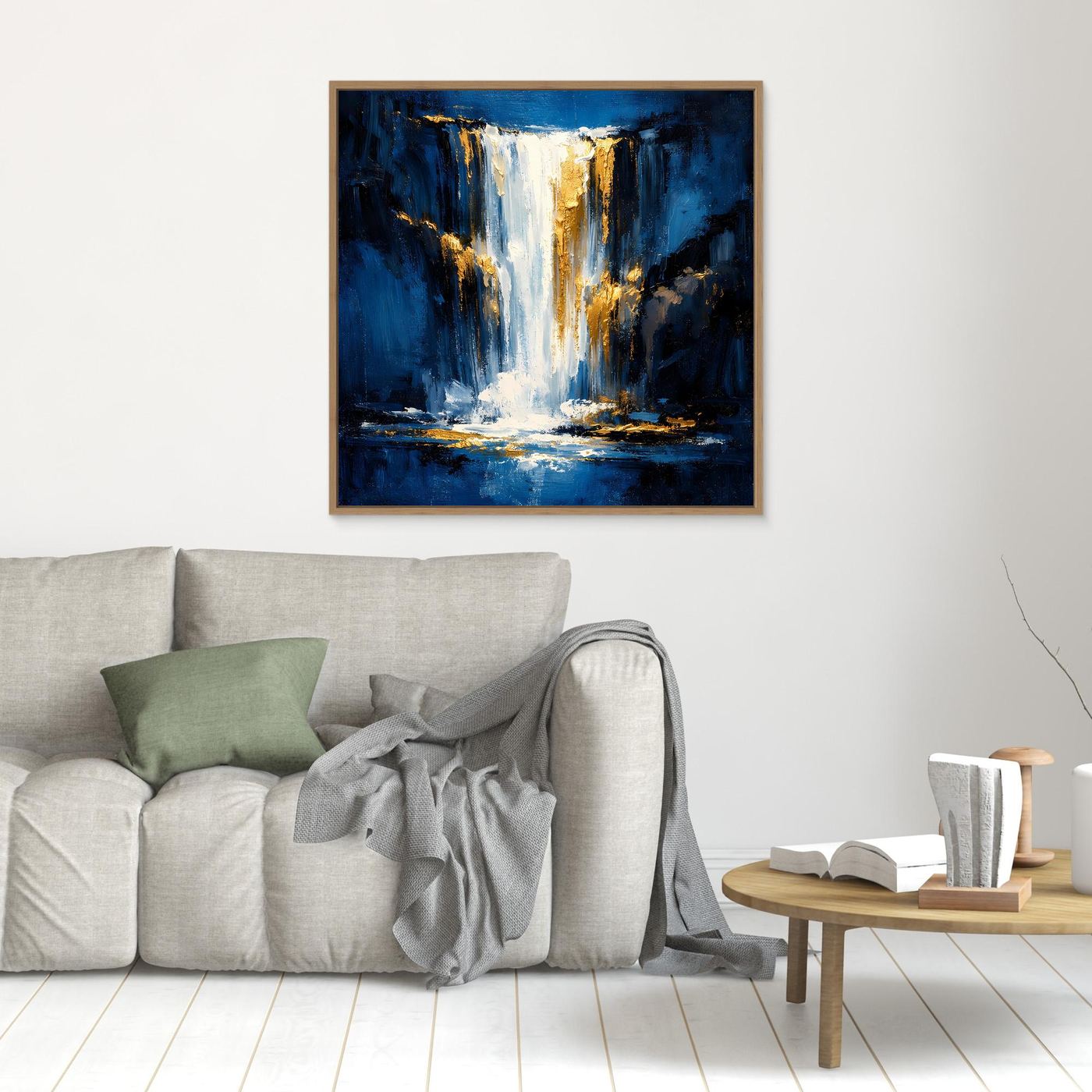 Leinwand Abstraktes Wasserfall Gemälde in Dunkelblau und Gold | Modernes Natur Wandbild