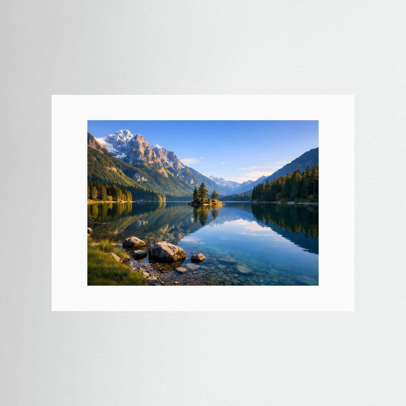 Panoramawandbild mit See- und Berglandschaft mit weißem Passepartout