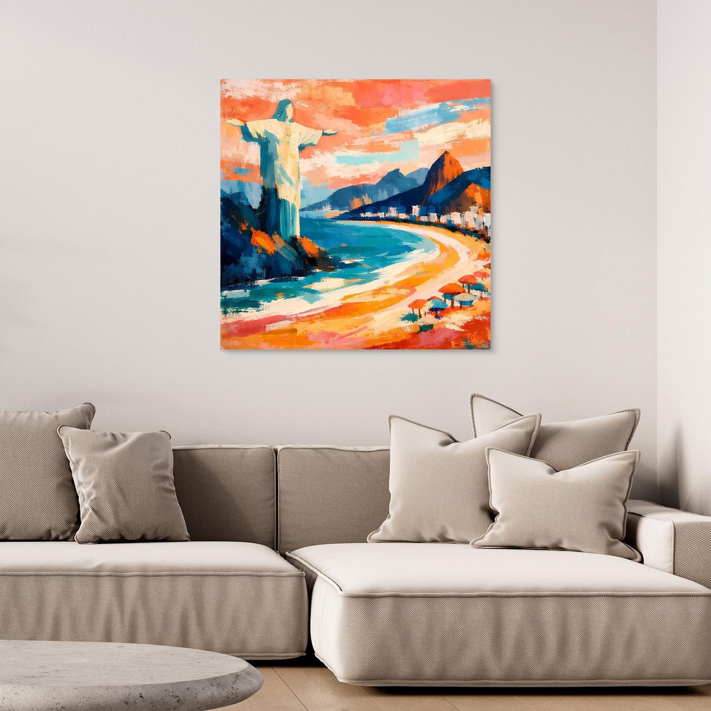 Abstraktes Leinwand-Wandbild ohne Rahmen, Strandweg mit Meer und bunten Strandliegen