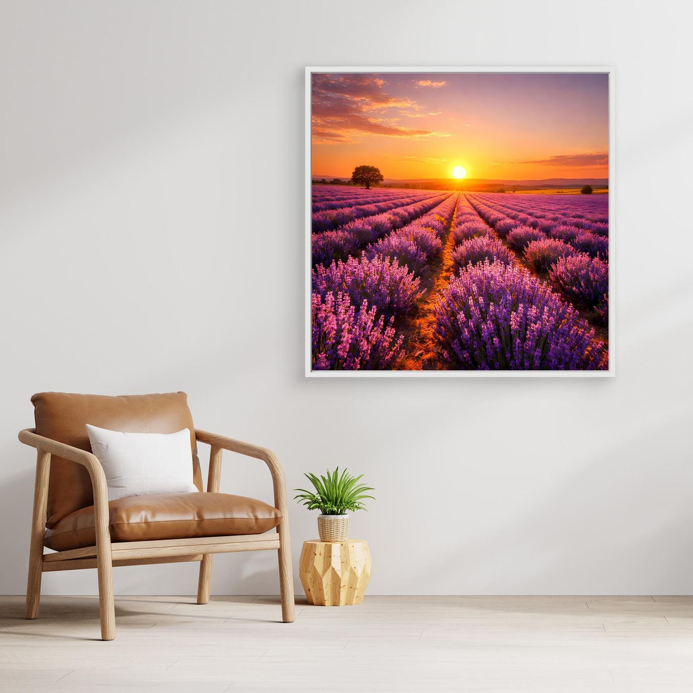 Gerahmtes Leinwandbild mit Lavendelfeld bei Sonnenuntergang, silberfarbener Rahmen