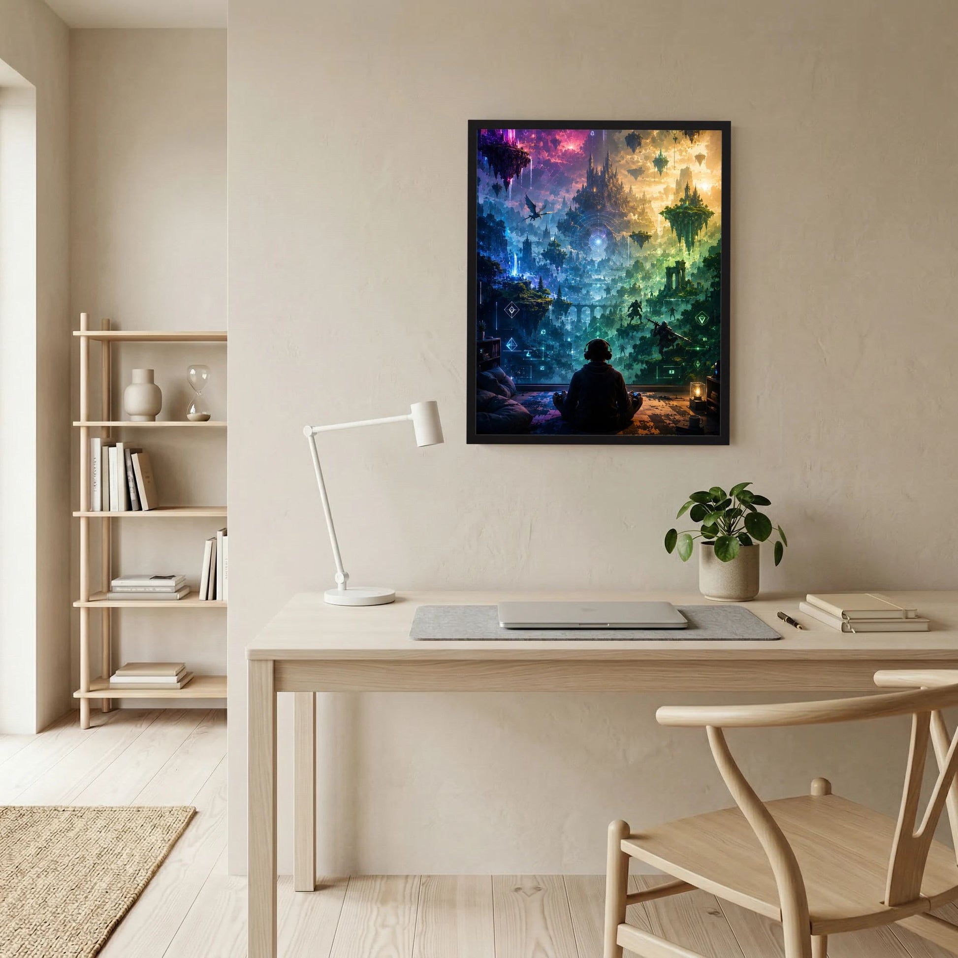Kunstposter im schwarzen Rahmen an der Wand, bunte Fantasy-Gaminglandschaft mit Figur