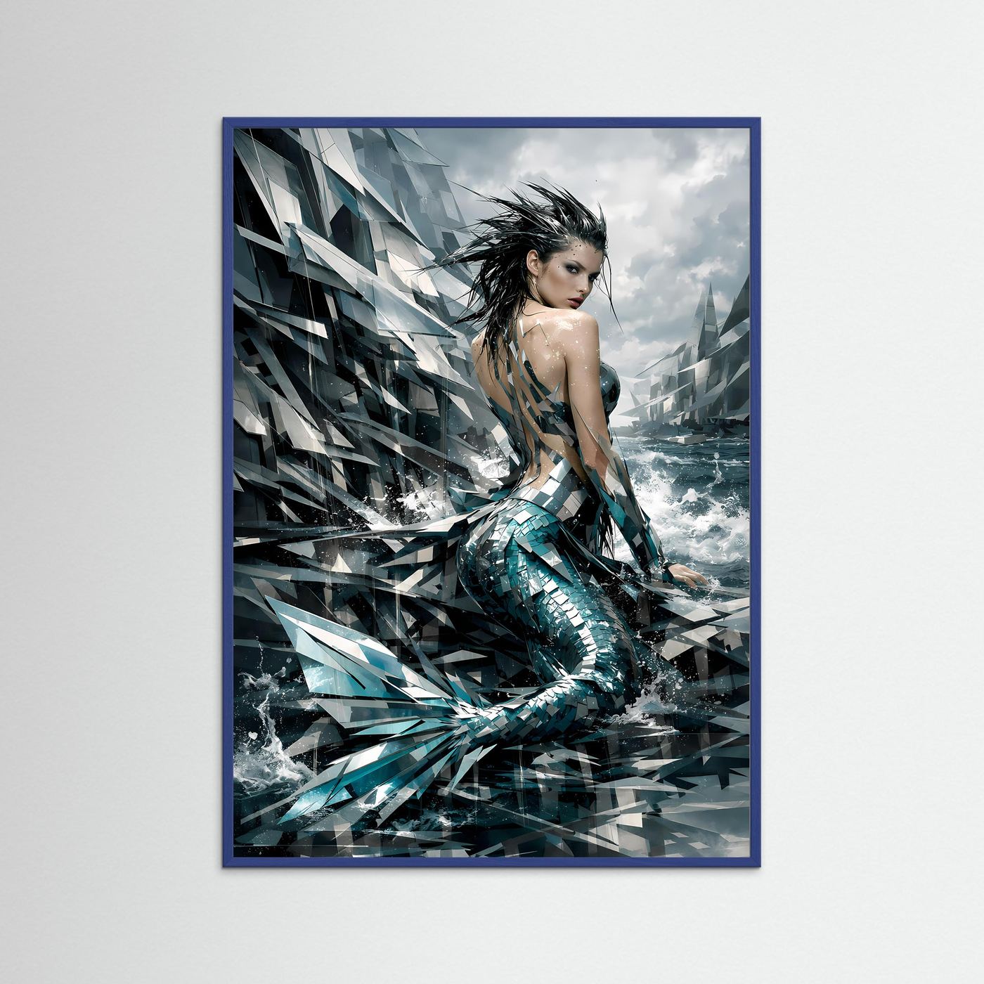 Meerjungfrau-Poster mit türkisfarbenem Schuppenmuster, blauer Rahmen, Hochformat.