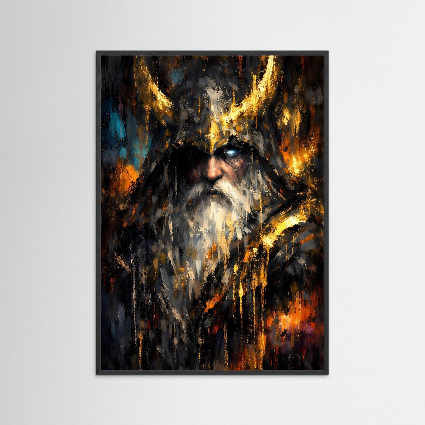 Wikinger-Poster mit Odin-Gesicht, abstrakt in Gold, Dunkelblau und Schwarz