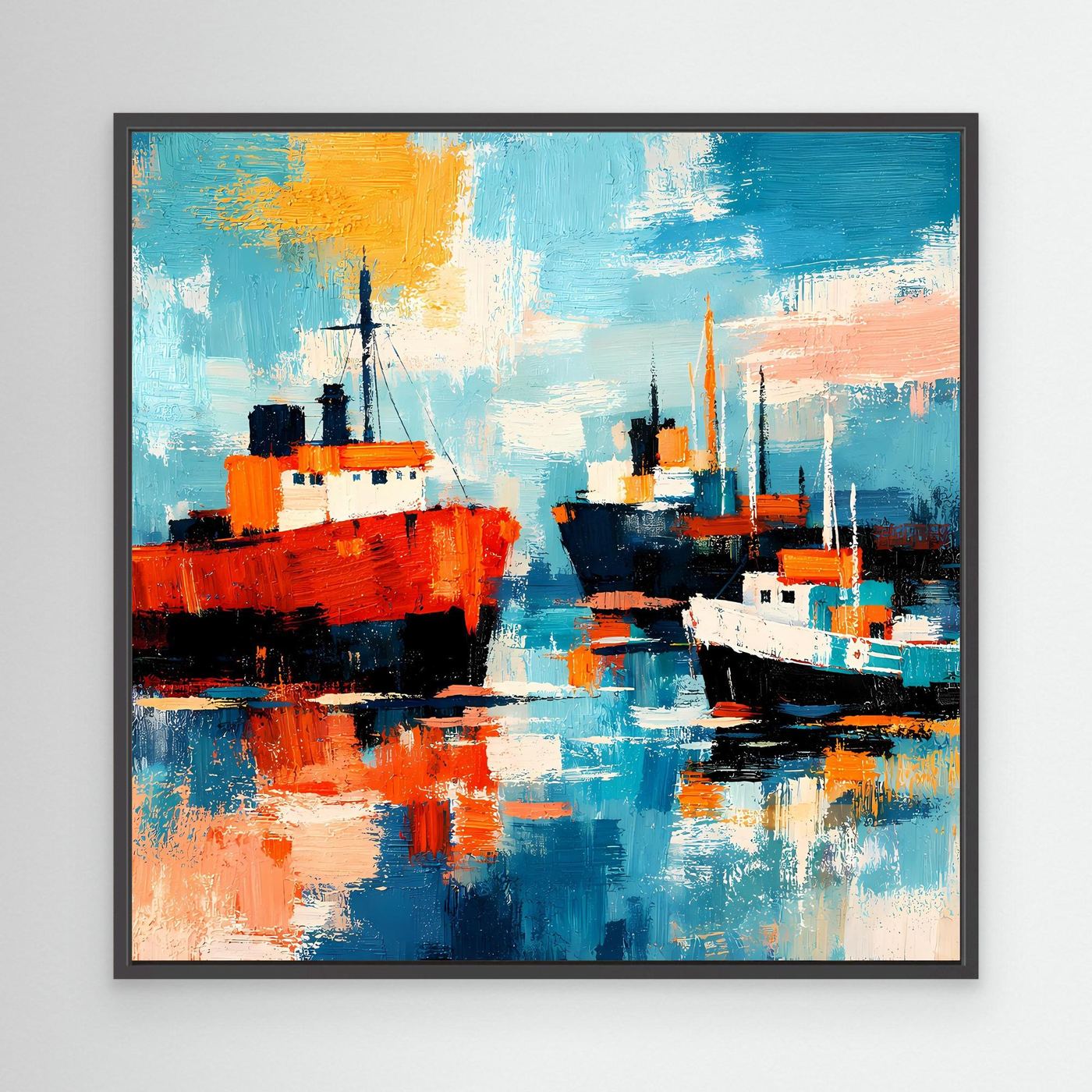 Leinwand-Wandbild mit abstrakten Schiffen im Hafen im schwarzen Rahmen, blau-rot