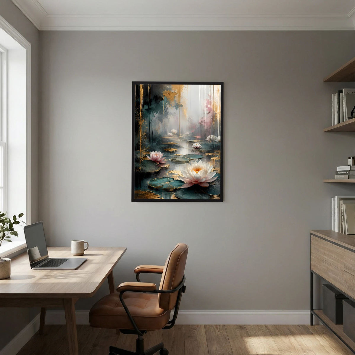 Poster im Hochformat: Wasserlilien in Weiß und Rosa auf blaugrünem Hintergrund, schwarzer Rahmen