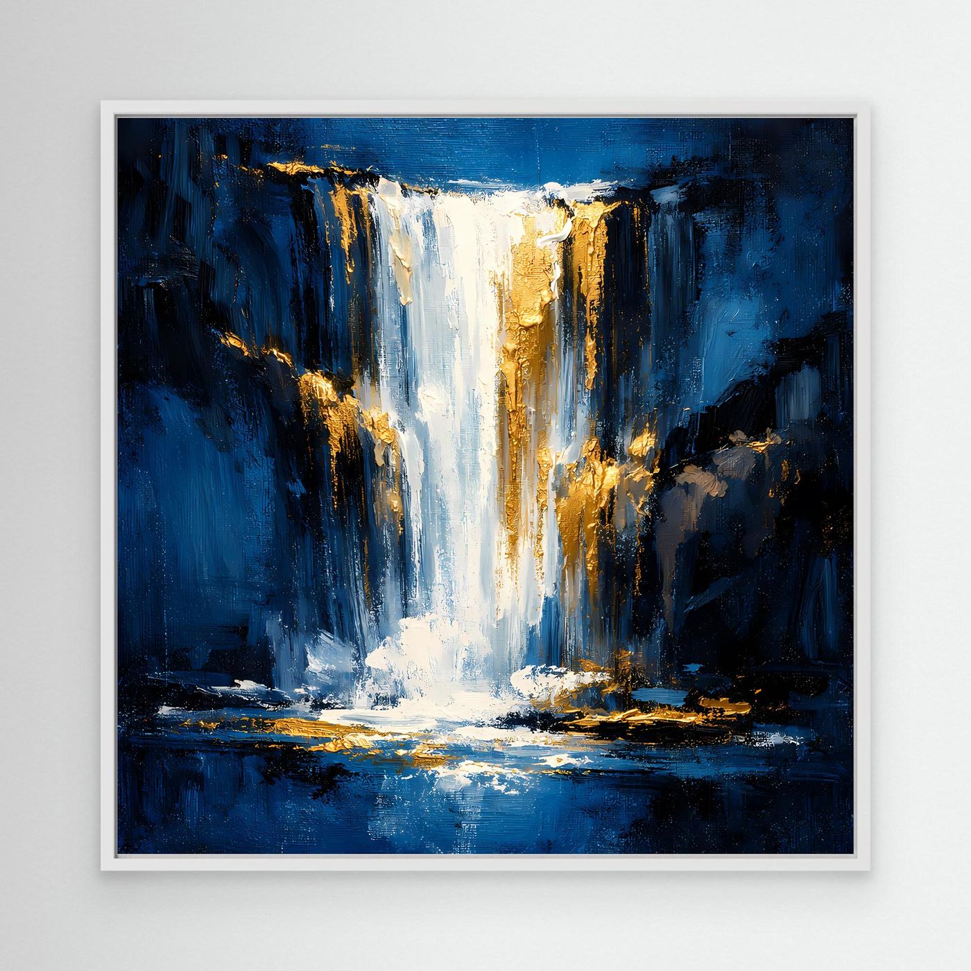 Leinwand Abstraktes Wasserfall Gemälde in Dunkelblau und Gold | Modernes Natur Wandbild