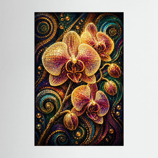 Poster mit Mosaik-Orchideen in Gold und Violett, dunkler Rahmen