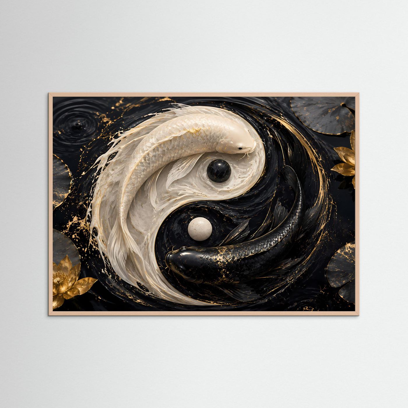 Yin Yang Koi Poster | Schwarzer & Weißer Koi mit Gold Lotus | Feng Shui Wandkunst | Abstrakte Zen Kunst | Premium Leinwand & Wall Art