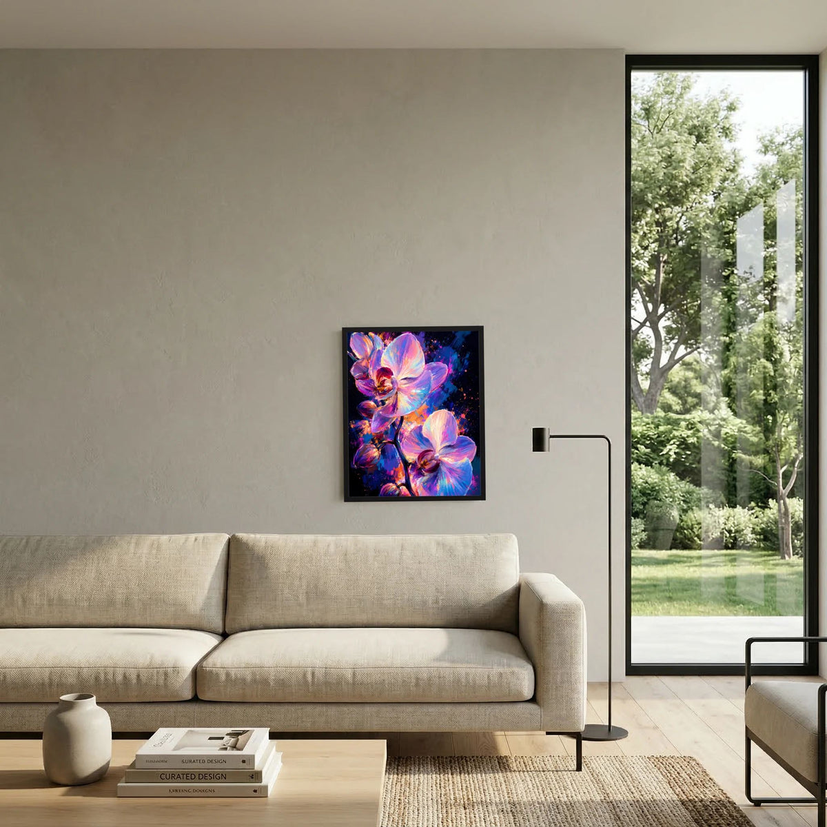 Gerahmtes Hochformat-Poster mit leuchtenden Orchideen in Pink, Violett und Blau