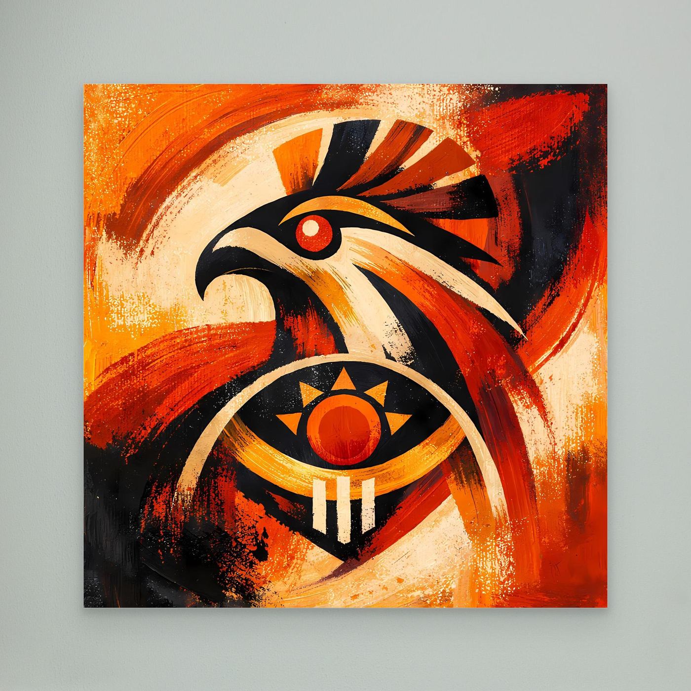 Wandbild mit Falken- und Sonnensymbol, orange-rot-schwarz, ohne Rahmen