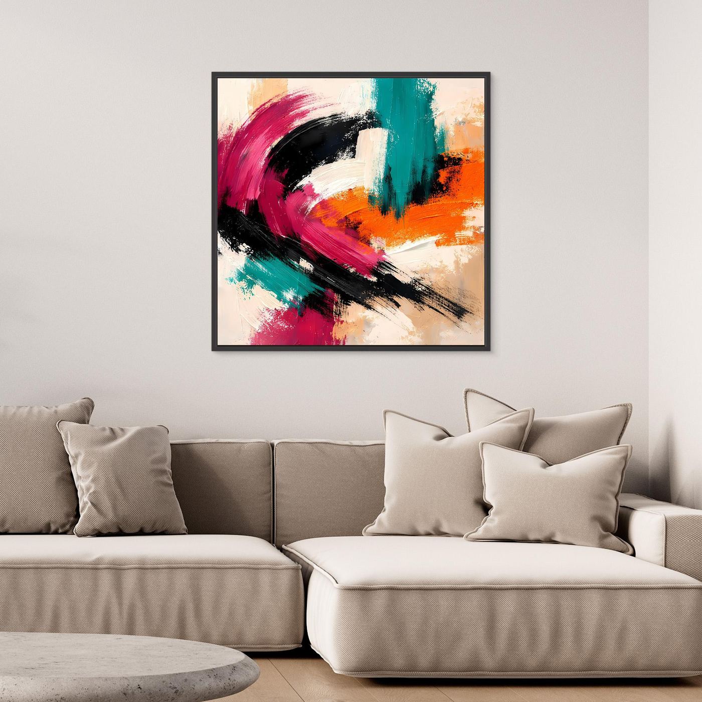 Abstraktes Leinwandbild mit Farbwirbeln in Pink, Grün und Orange, schwarzer Rahmen