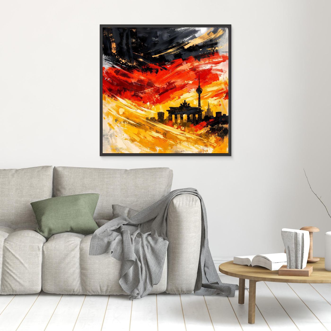 Gerahmtes Leinwandbild mit abstrakter Skyline: Rot-, Gelb- und Schwarztöne, Fernsehturm-Silhouette im Zentrum