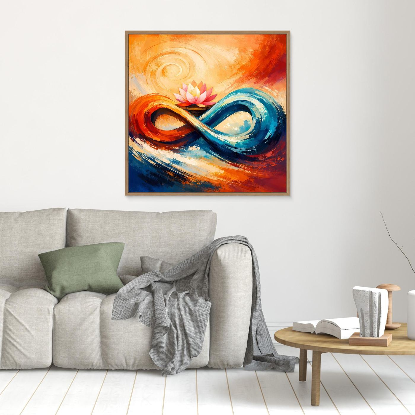 Abstraktes Leinwand-Wandbild mit Lotusblüte und Unendlichkeit in Orange, Blau und Rosa, mit braunem Rahmen