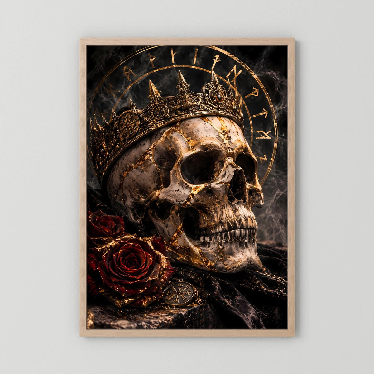 Hochformat-Poster mit Totenkopf und goldener Krone, roter Rose und Runenkreis, Eichenrahmen