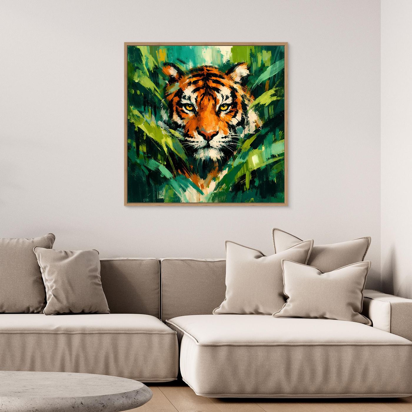 Leinwand Abstraktes Tiger Gemälde | Modernes Wandbild Raubkatze Dschungel Grün Orange