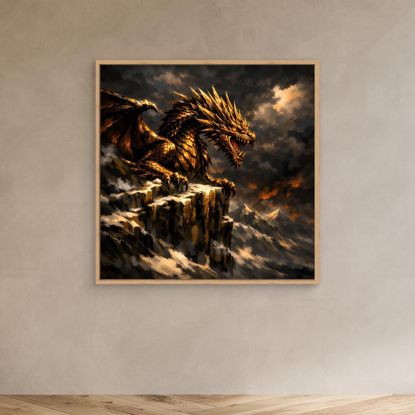 Leinwand Goldener Drache auf Felsgipfel | Episches Fantasy-Wandbild auf Keilrahmen