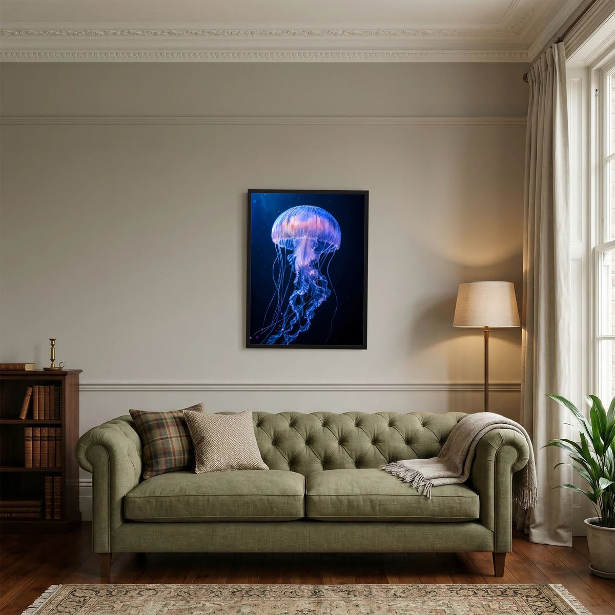 Wandposter mit leuchtender Qualle in Blau-Violett, schwarzer Rahmen