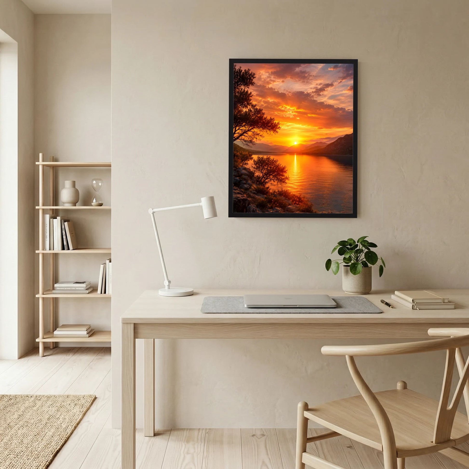 Hochformat-Poster im schwarzen Rahmen mit Sonne über See und bewachsenen Ufern