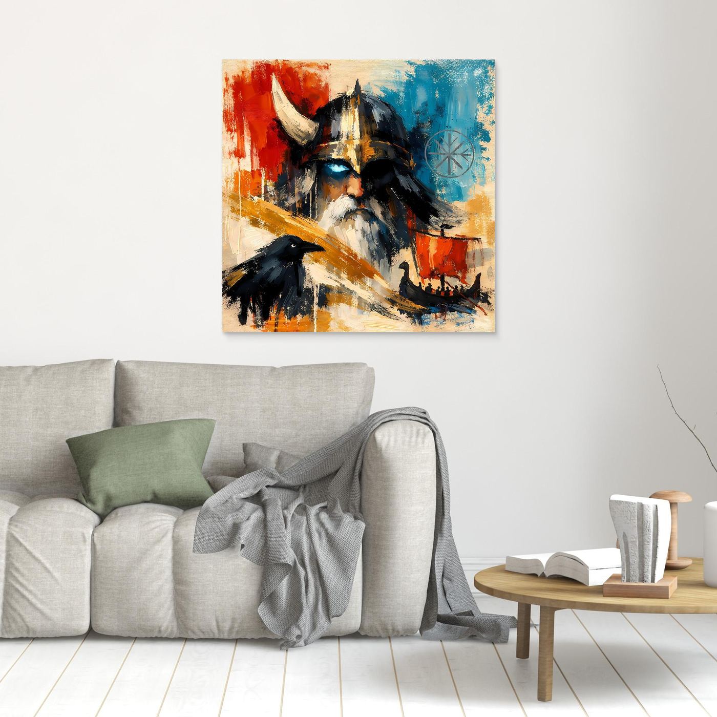 Small unframed abstract Nordic warrior wall art with raven, red and blue strokes