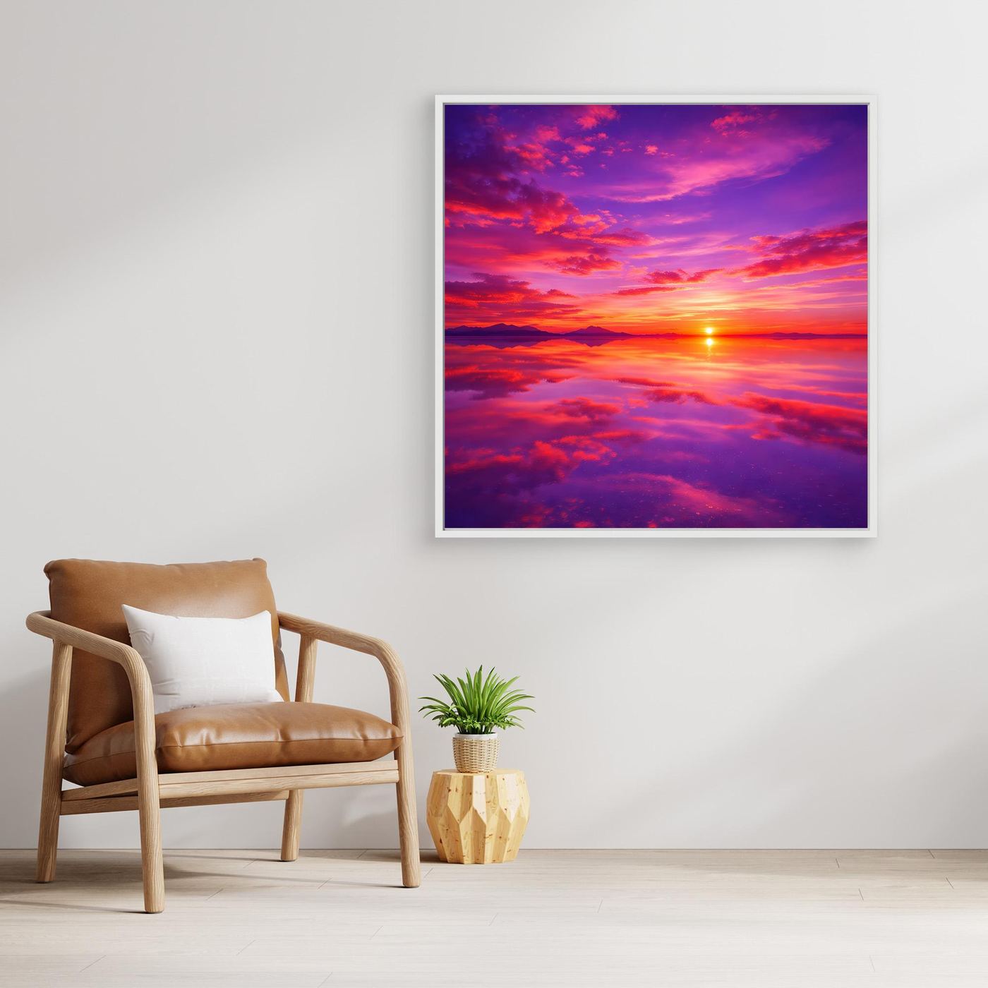 Leinwandbild mit Sonnenuntergang über dem Meer, farbiges Wolkenmotiv, weißer Rahmen