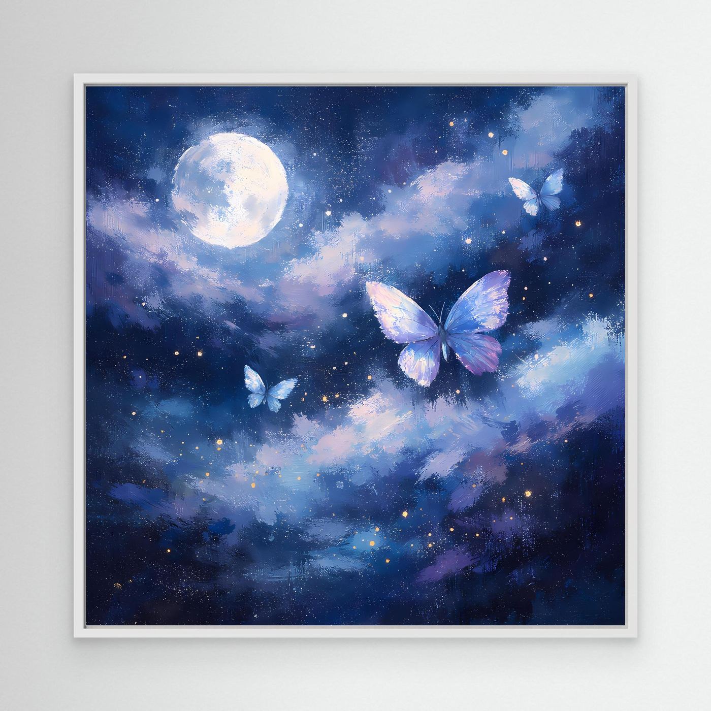 Leinwand-Wandbild mit Mond und Schmetterlingen im Sternenhimmel, weißer Rahmen