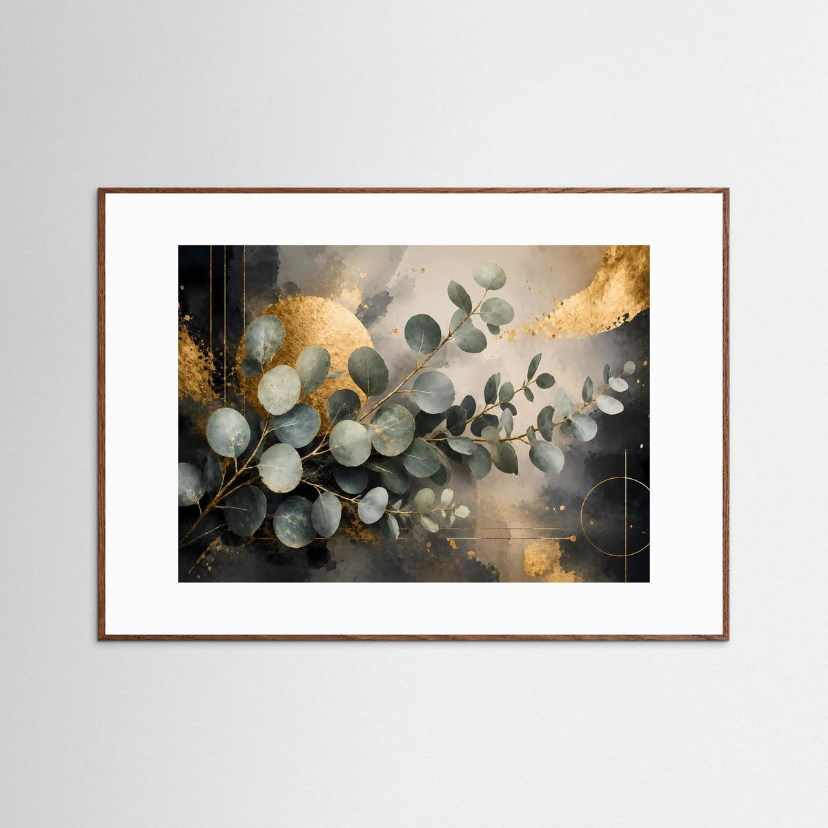 Eukalyptus-Poster im Querformat mit dunklem Eichenrahmen und goldschwarzem Blättermotiv